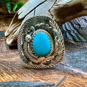 Kingman Turquoise Cowboy Hat Ring Size 9 | 925 Sterling Silver Statement
